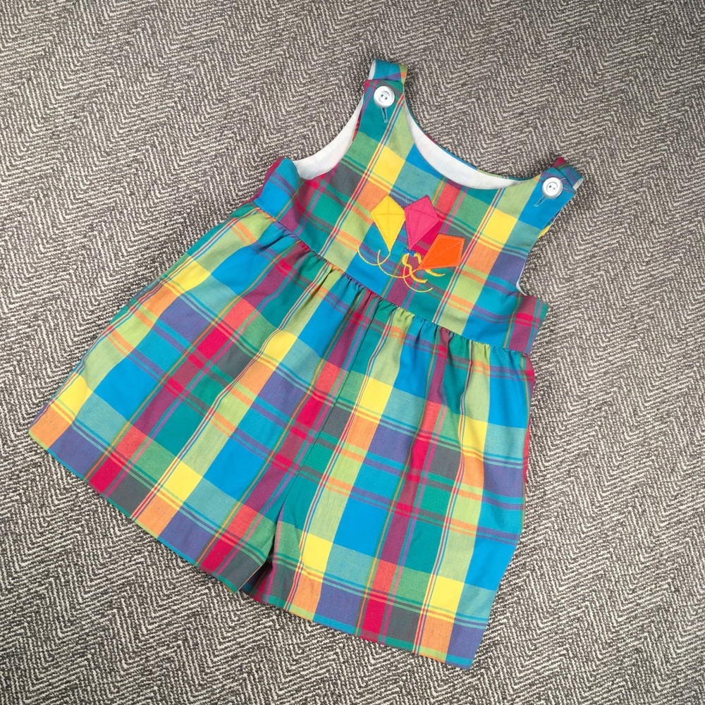 Vintage Kellys Kids Plaid Kite Embroidered Romper Size 2 Kidcore Made in USA